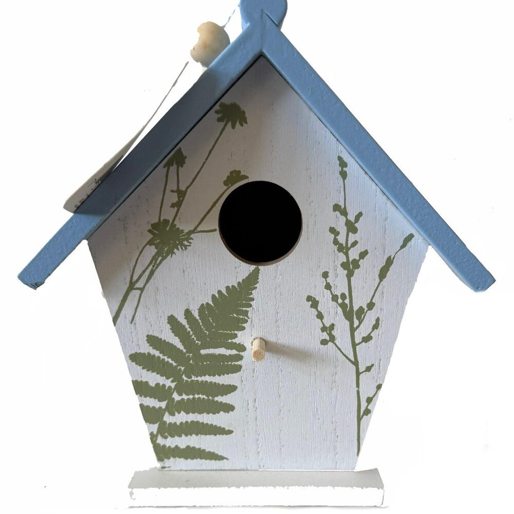 Bird House with Decorative Leaf Design, Blue Roof